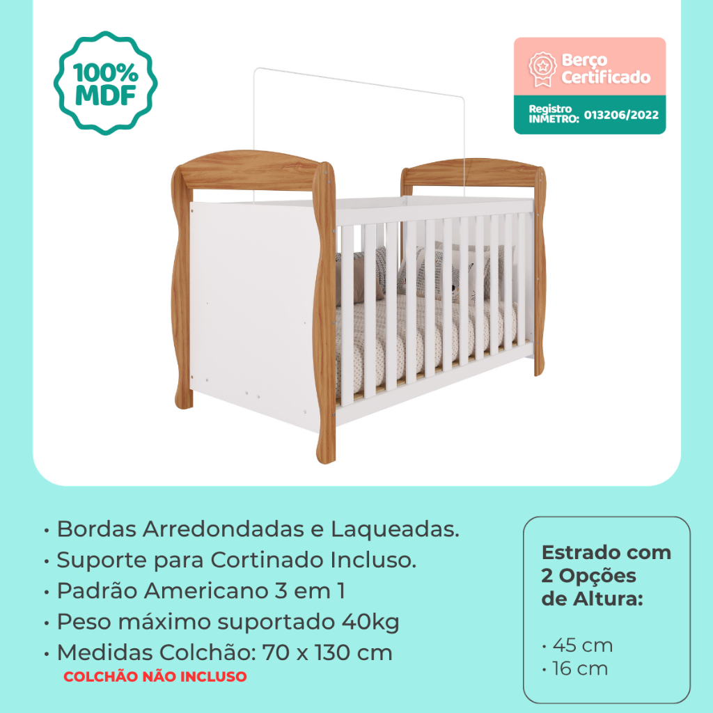 Quarto Bebê Completo 100%MDF Berço Americano Marquesa 3 em 1 Guarda Roupa 3 Portas Cômoda Uli · foto 2