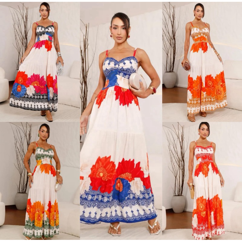 Vestido Longo de Alça Regulável com Bojo Estampado Floral Barrado no Tecido Viscolinho
