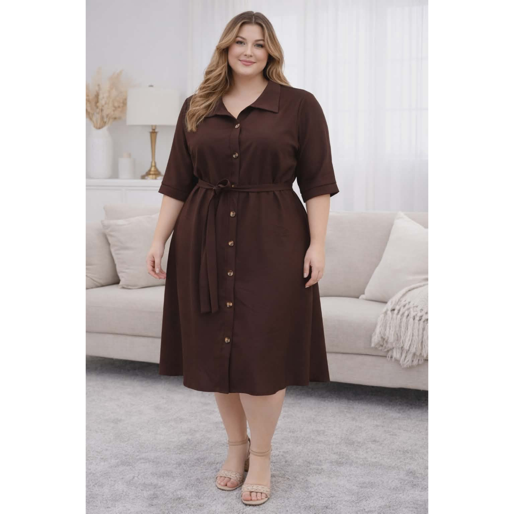 VESTIDO CHAMISE PLUS SIZE TECIDO ALAFATARIA FEMININA TEM BOTOES FUNCIONAIS E UM CINTO em Oferta na Shopee