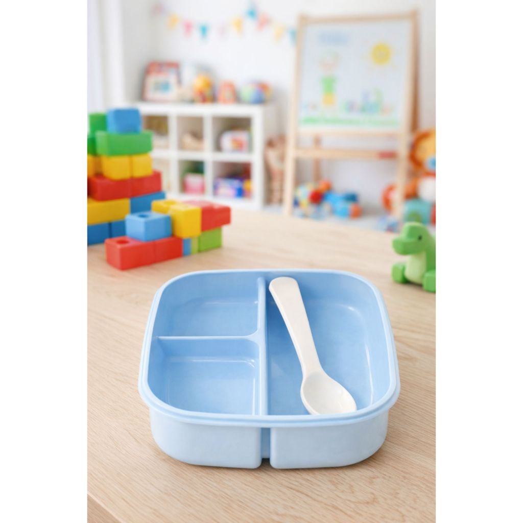 Marmita Pote refeição marmitinha Quadrado Azul com Divisória Colher Infantil Tampa click veda Facil