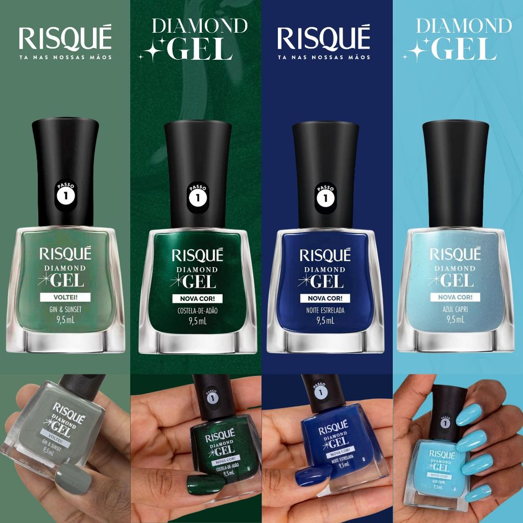 Kit 4 Esmaltes Risqué Diamond Gel Tons Verdes e Azul Metalizado Cremoso Esmalte Atacado