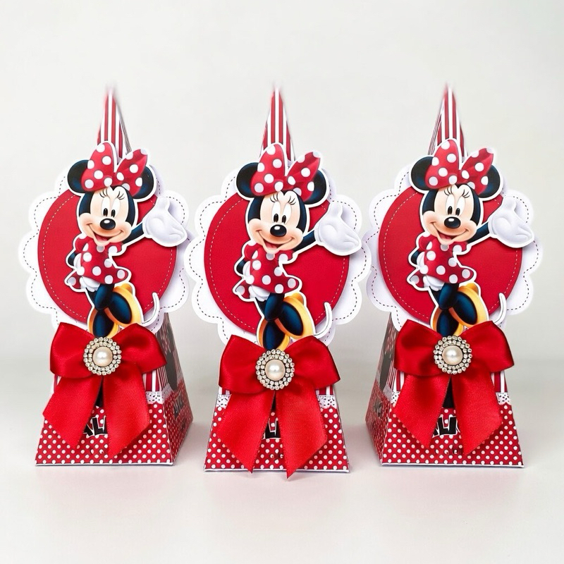 Kit Caixa Cone / Pirâmide Minnie Vermelha Luxo (10, 20 ou 30 un) Personalizada Nome - Papel Fotográfico Brilho em Oferta na Shopee