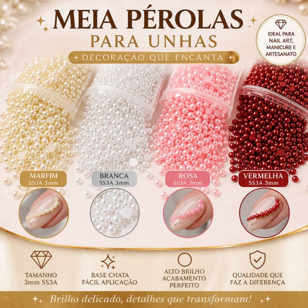 Meia Pérola Para Nail Art 3mm | Alto Brilho | Decoração Unhas, MAQUIAGEM e Artesanato