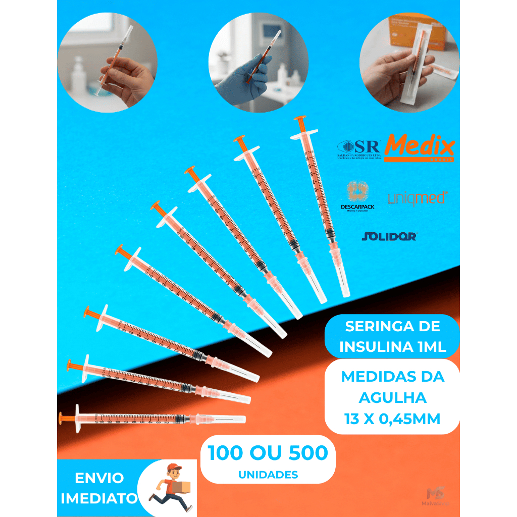 Seringa Insulina 1ml com Agulha Acoplada 13x0,45mm 26g Medix Solidor Descarpack Venper SR C/100 Unid em Oferta na Shopee