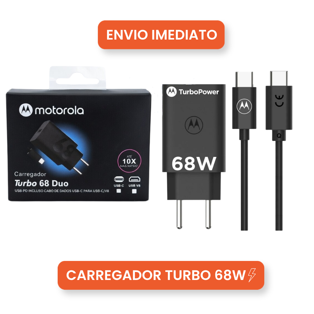 Carregador Motorola Original 68W Turbo Power USB-C Tipo-C | Carga Rápida 10X + Cabo Incluso Original