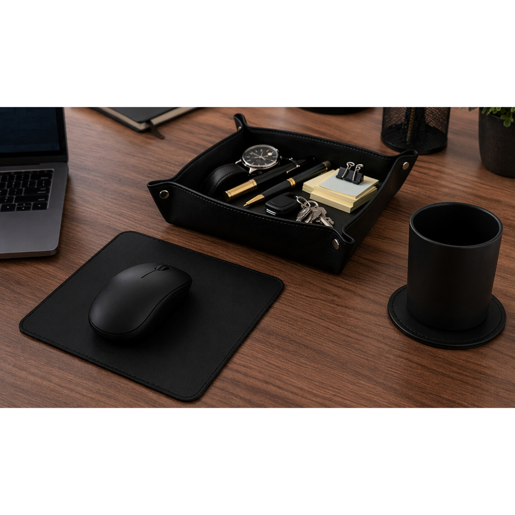 Kit Organizador MousePad Deskpad 20x20cm + Porta Treco + Porta Copo Couro Sintético Escritório Mesa Home Office