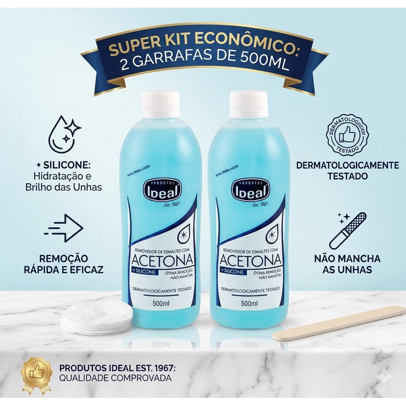 Acetona/Removedor De Esmaltes Kit com 2 unidades Ideal 500ml