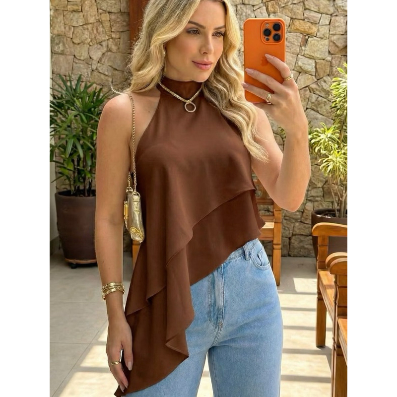 Blusa Feminina Assimétrica Cropped Gola Alta Frente Única Em Camadas Amarração No Pescoço Casual Elegante Moda Inverno