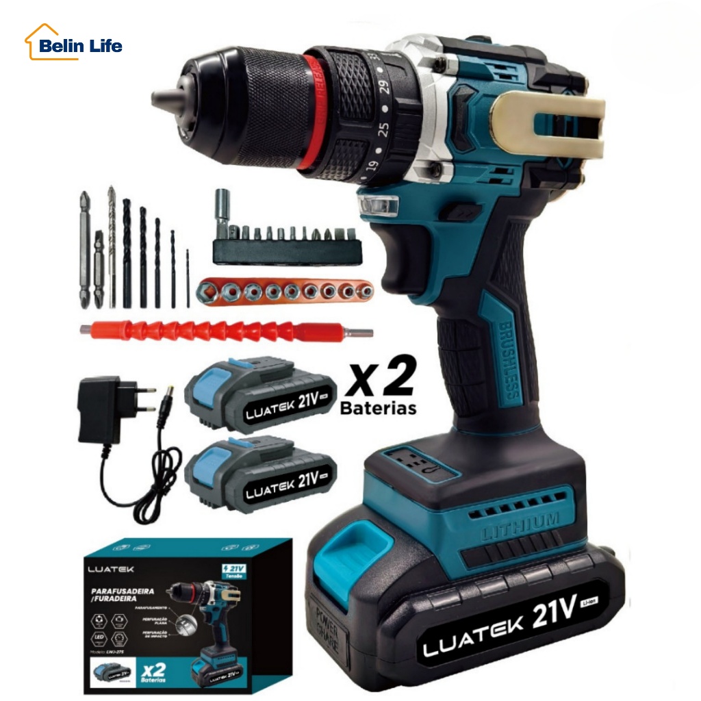 Parafusadeira Furadeira Impacto 21V Brushless Mandril 13mm Luatek LWJ275