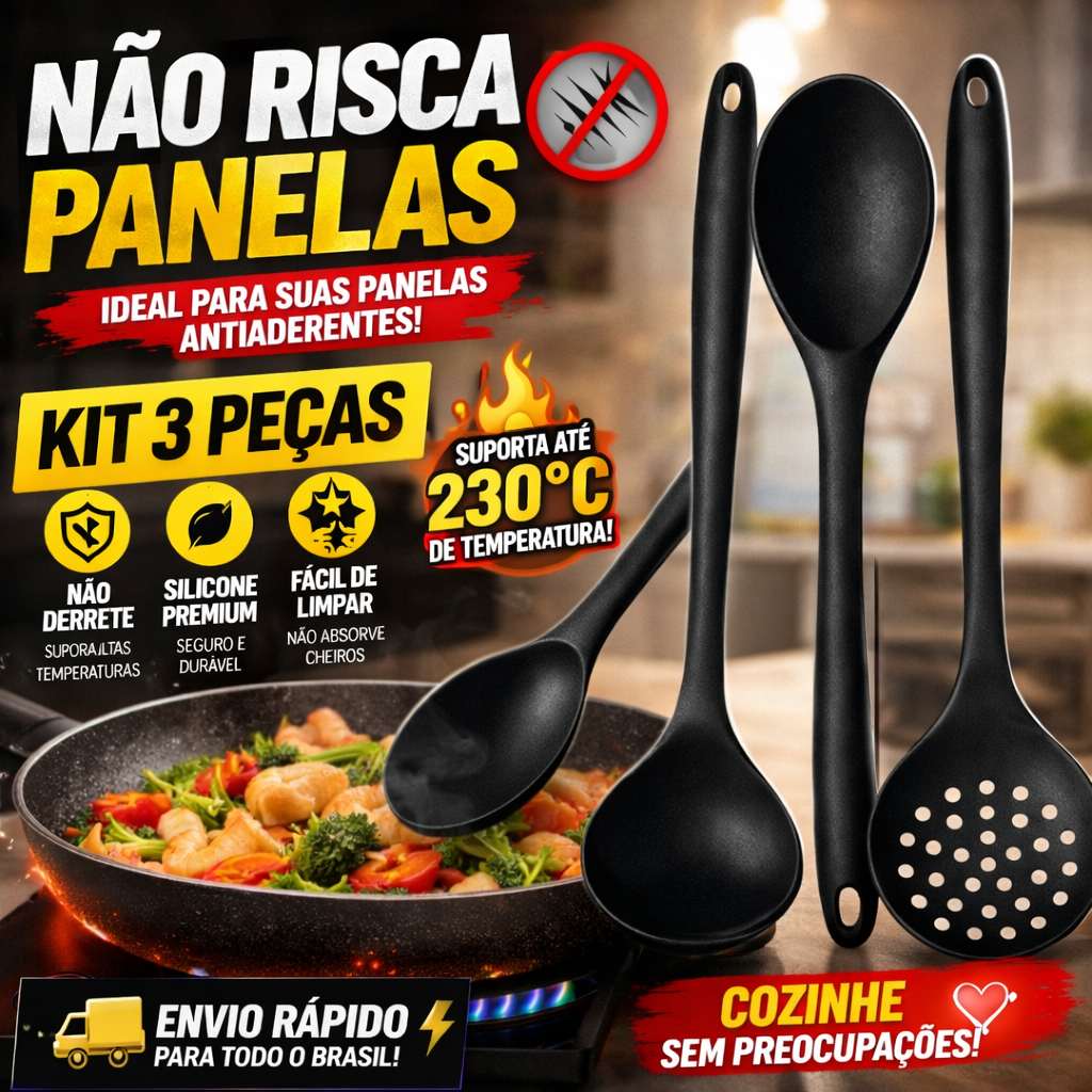 Kit Utensílios Silicone Cozinha 3 Peças Não Risca Panelas Antiaderente Resistente 230°C Envio Imediato