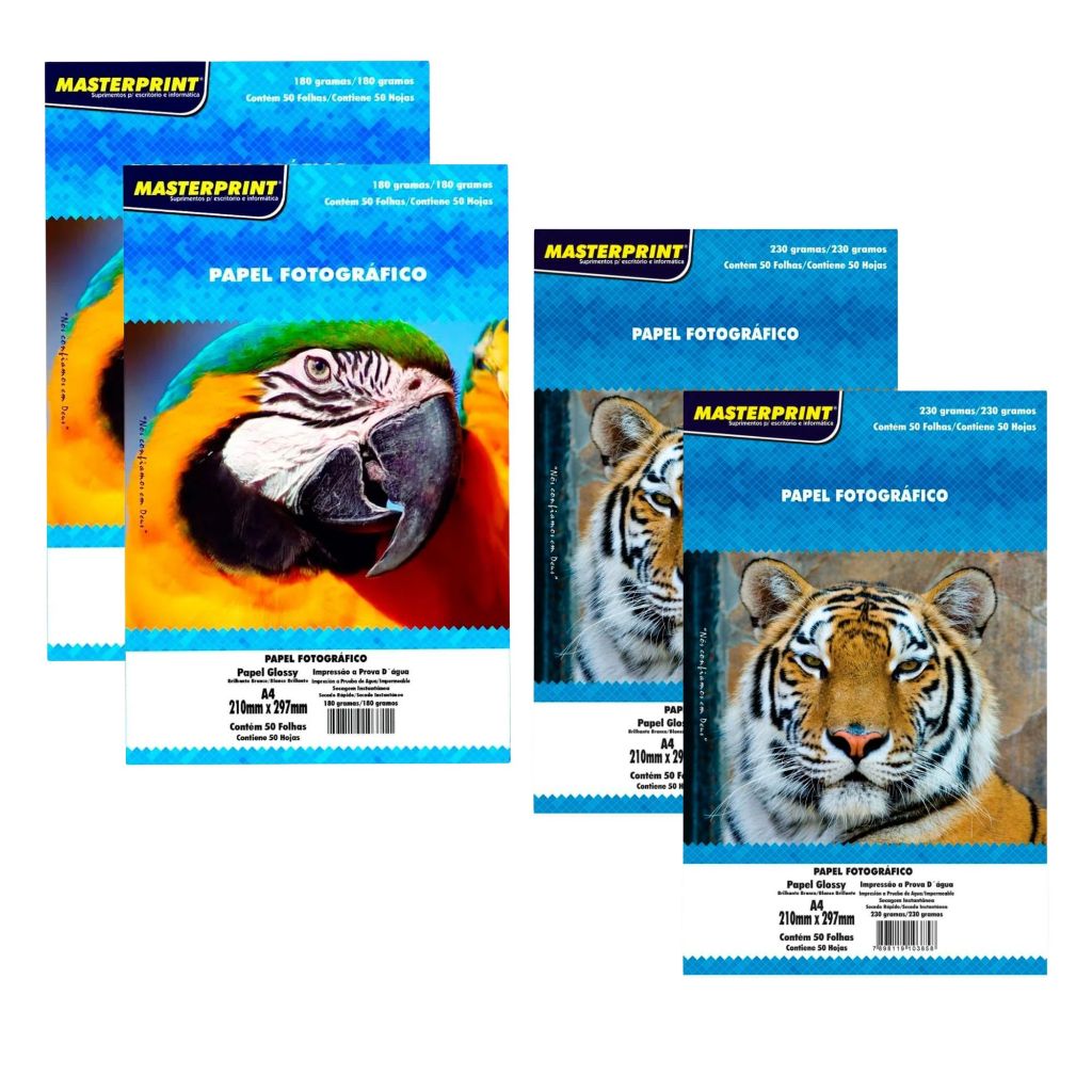 Kit 100 Folhas Papel 230g + 100 Papel Folhas 180g Fotográfico Glossy Branco Masterprint