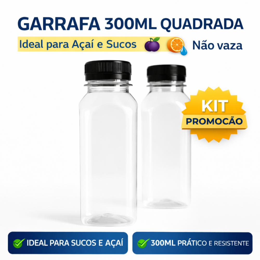 50 Garrafa Pet Plástica Cristal 300ml Tampa com Lacre Suco Bebida Caldo de Cana Chocolate Quente