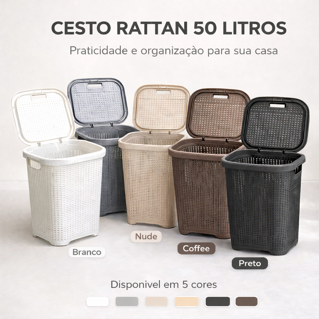 Cesto Rattan 50L com Tampa Organizador de Roupas Lavanderia Banheiro Quarto