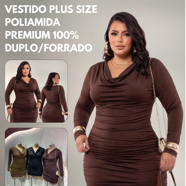 Vestido Plus Size Decote Degagê Poliamida Premium Duplo Alta Compressão Zero Transparência Elegante Modelador