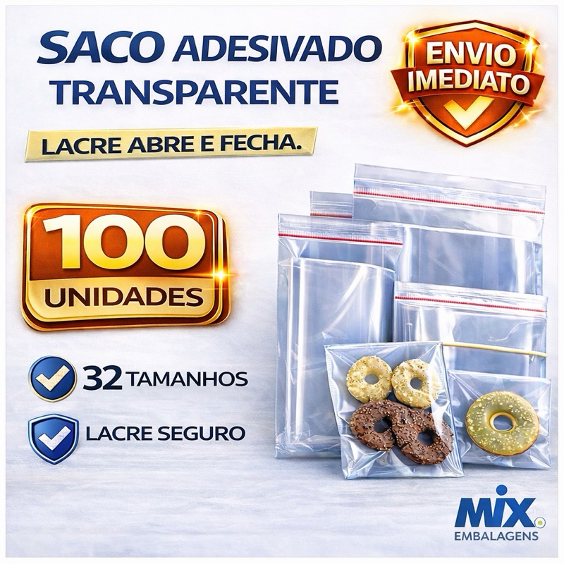 Saco Adesivado Transparente C/ Aba Adesiva Abre e Fecha - 100 Unid.