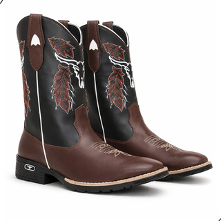 Bota Country Masculina Texana Preta Bordada Boi Solado Tratorado Borracha Rodeio Trabalho Pesado