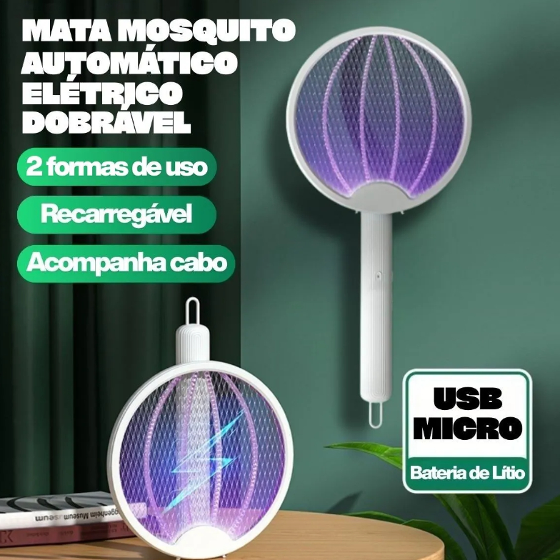 Raquete Mata Mosquito Com Luz Uv Atrativa Dobrável e Recarregável