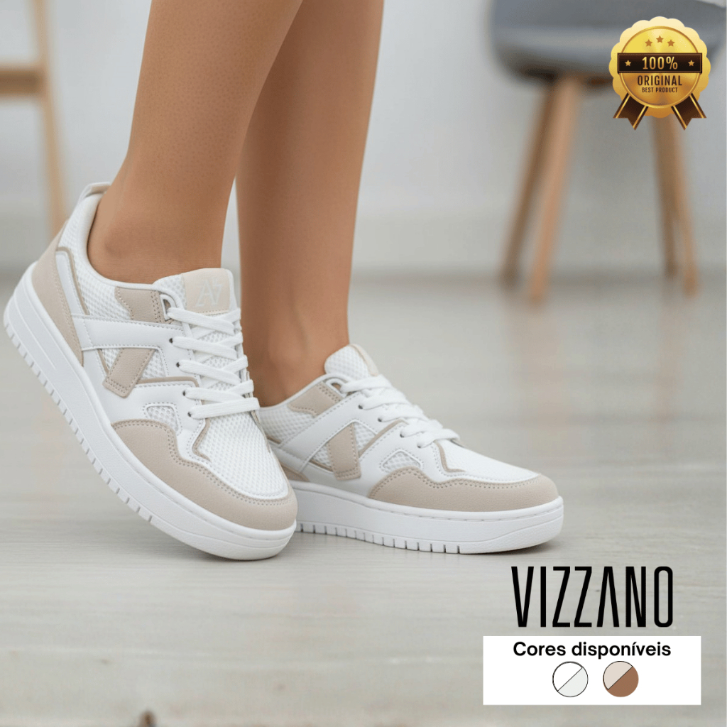 Tênis Vizzano Feminino Tramado Natural Bicolor Casual Com Recortes Urbano Confortável Leve Original