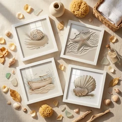 Kit 4 Quadros Decorativos 18x18 cm Banheiro, Lavabo, Praia, Mar Areia moldura e vidro