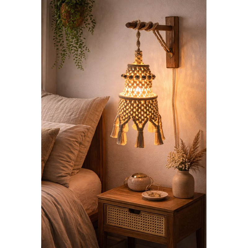 Luminária Hera em Macramê cor Cru Estilo Boho Sofisticada