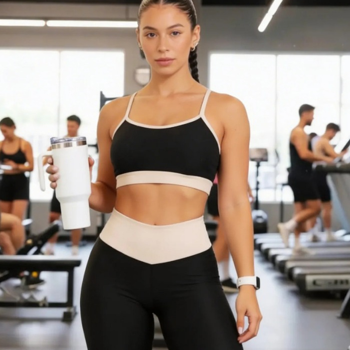 Conjunto Fitness Canelado Preto Legging + Top Bicolor Cintura Alta Zero Transparência