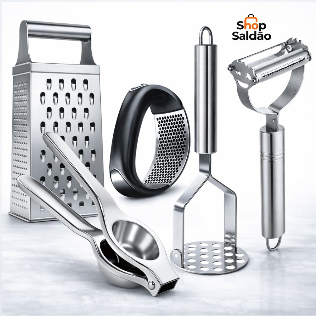 Kit Utensílios Inox 3 ou 5 Peças – Amassador, Espremedor, Descascador e Mais (Escolha a Variação)