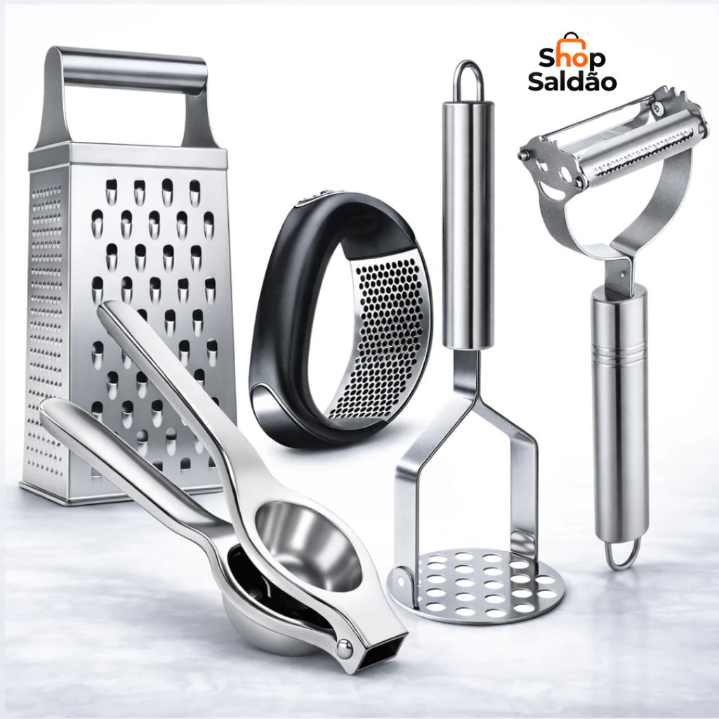 Kit Utensílios Inox 3 ou 5 Peças – Amassador, Espremedor, Descascador e Mais (Escolha a Variação) — imagem 1