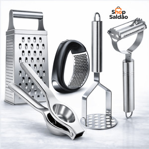 Kit Utensílios Inox 3 ou 5 Peças – Amassador, Espremedor, Descascador e Mais (Escolha a Variação)