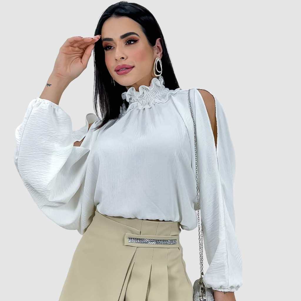 Blusa Bata Viscolinho Confortavel Gola Alta Ombro Vazado Social Manga Longa em Oferta na Shopee