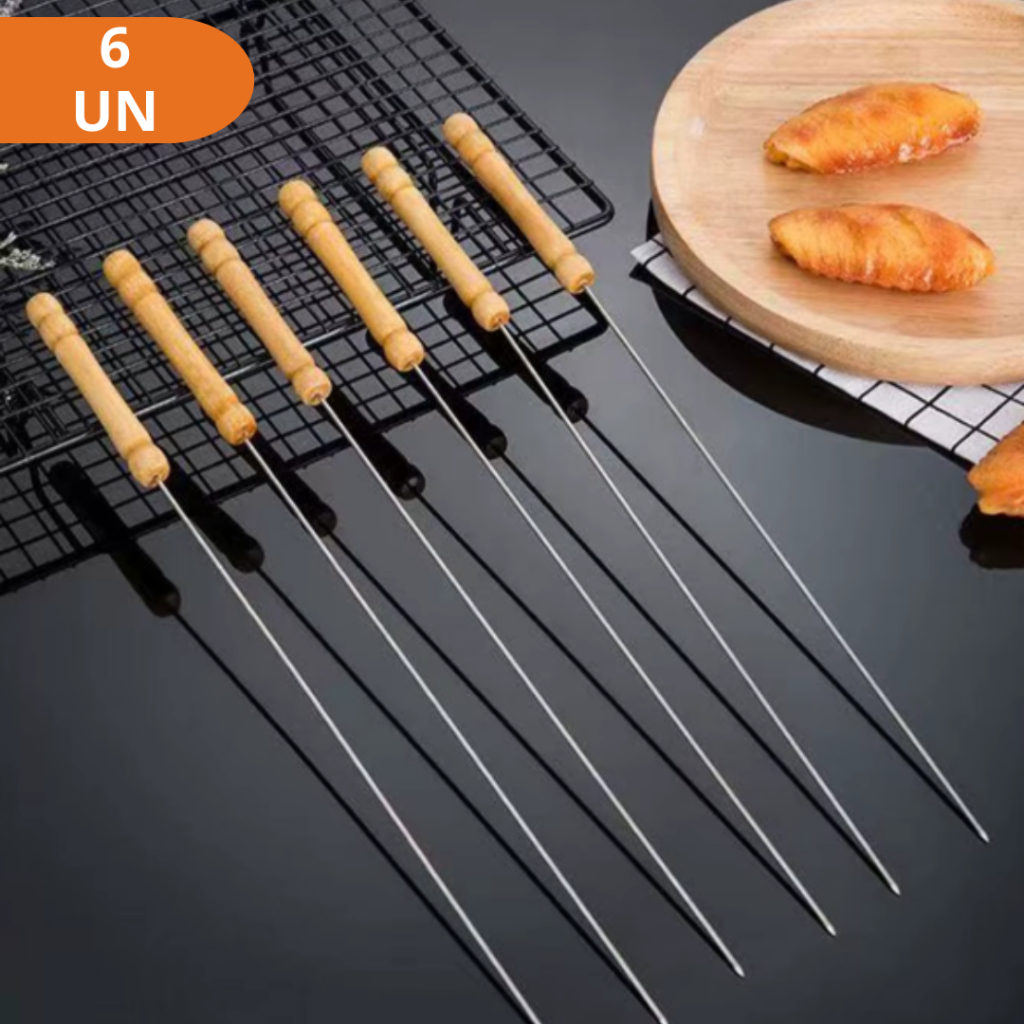 Espetos Inox Churrasco 33cm Cabo Madeira Mini Espetinho Kit 6