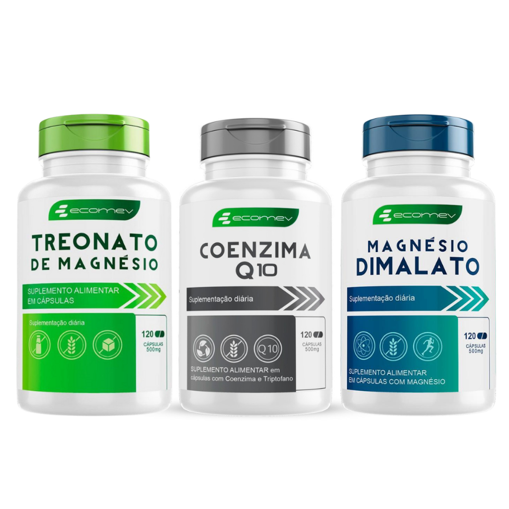 Kit Magnesio Dimalato L Treonato Coenzima Q10 Ubiquinol Puro Maxima Absorção 500mg 360Cáps Ecomev