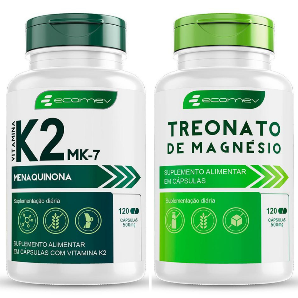 Kit Vitamina K2 MK7 Menaquinona + Magnesio L Treonato 500mg Puro Concentrado 240Cáp Ecomev
