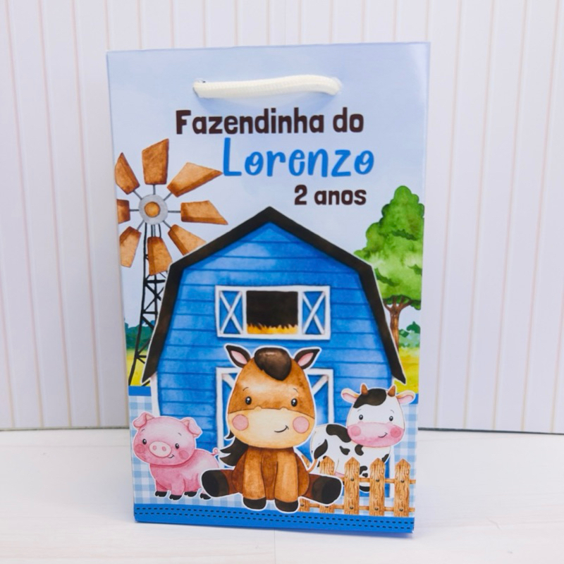 Sacolinha Personalizada Fazendinha Azul Menino lembrancinhas de aniversário infantil fazendinha