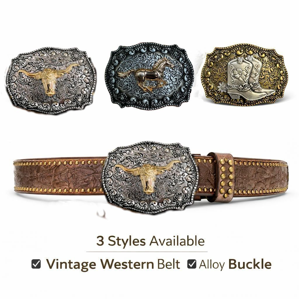 Cinto Cowboy Vintage Unissex Couro PU Fivela Liga Cavalo/Touro Estilo Western Jeans em Oferta na Shopee