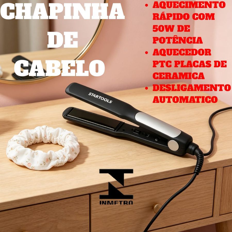 Chapinha De Cabelo Bivolt Profissional 50W, Placas Cerâmica Startools Desligamento Seguro Automático