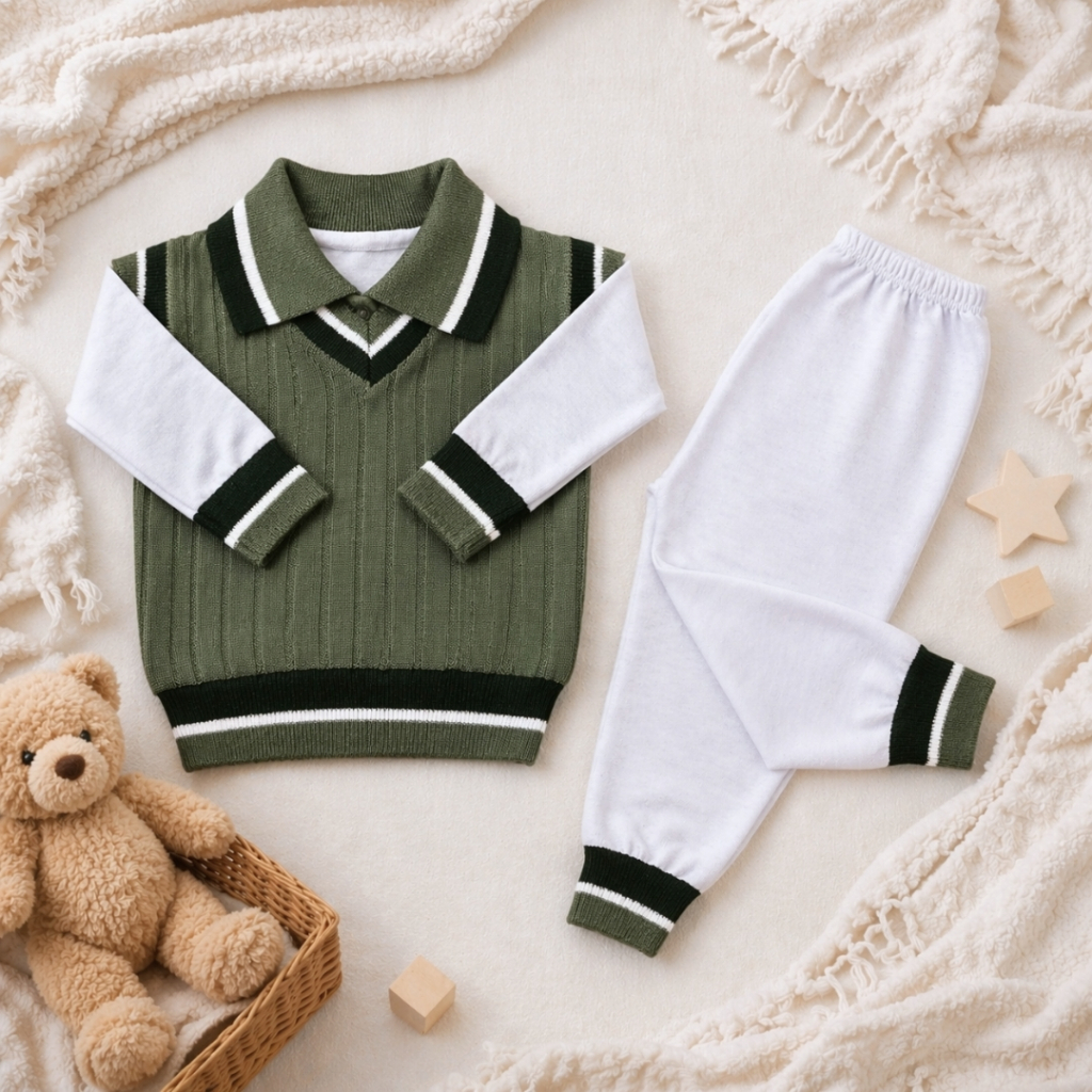 Conjunto Bebê Menino Tricô 3 Peças Pagão Suéter + Casaco + Calça Tamanho RN Saída Maternidade Tricô