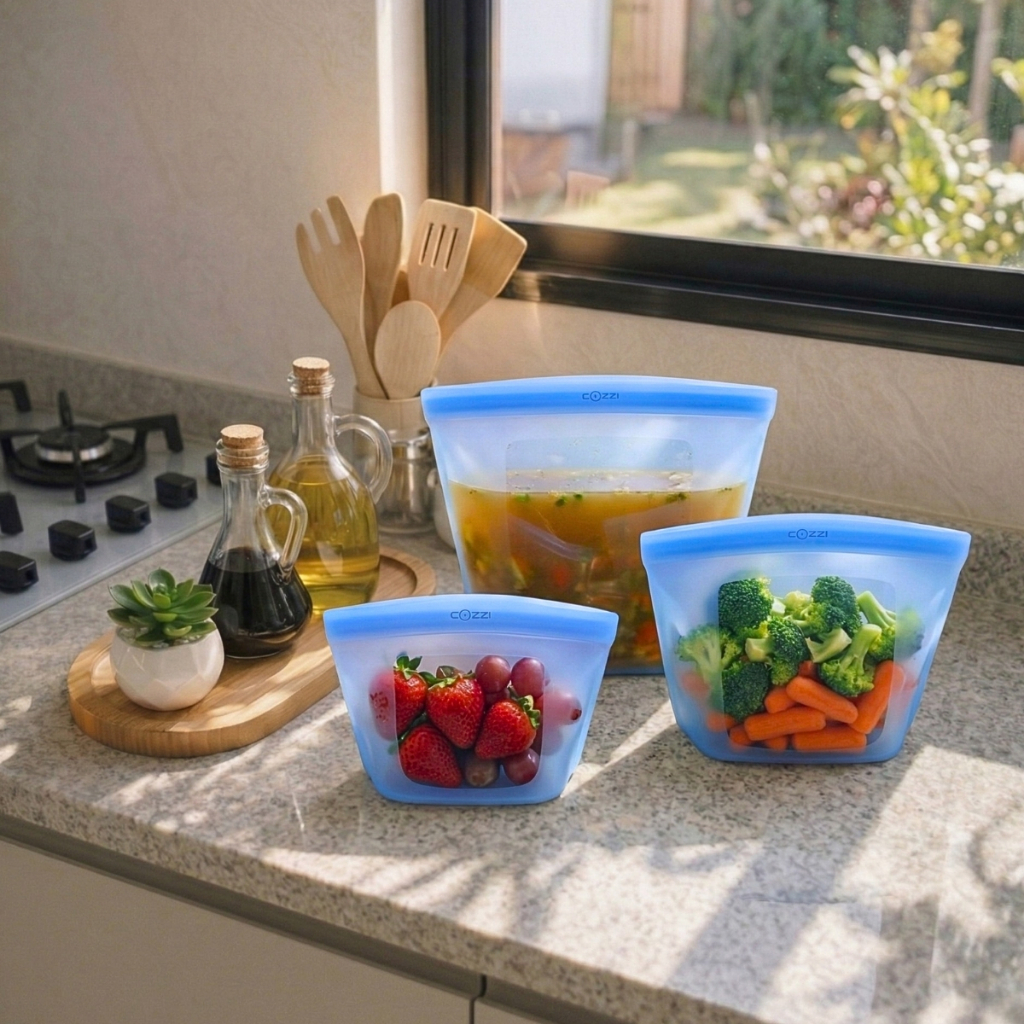 Saco Ziplock Para Alimentos De Silicone 3 Peças Saco Hermético Armazenamento De Alimentos COOKLAR