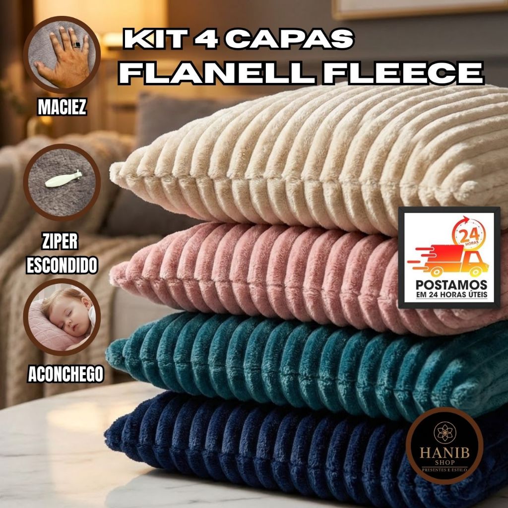 KIT 4 Capas Almofada 45x45 Flannel Fleece Soft Premium Veludo Pelucia | Lisa, Canelada | HANIB