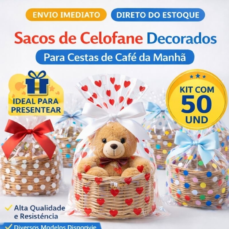50 Sacos de Presente Celofane Transparente Decorado Vários Tamanhos Ideal Para os Melhores Momentos