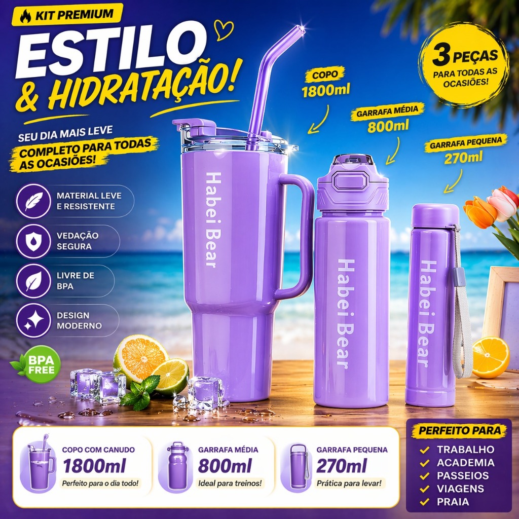 Kit 3 Garrafas Térmicas Academia Água Squeeze Esportiva Fitness BPA Free Portátil