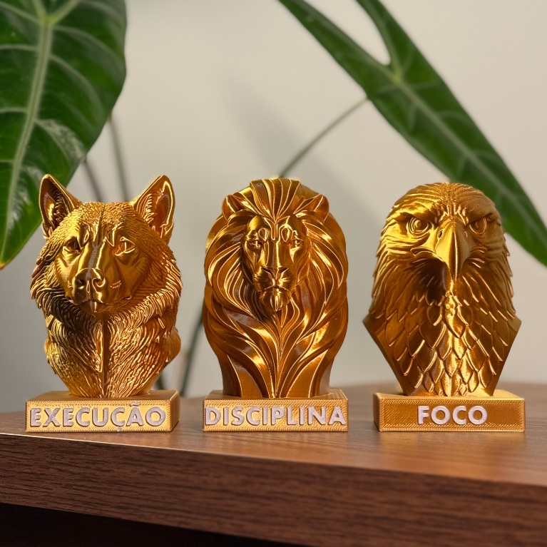 Estátuas Douradas Decorativas Águia Leão Lobo – Foco Disciplina Execução – Decoração Sala Motivacional Escritório Sala