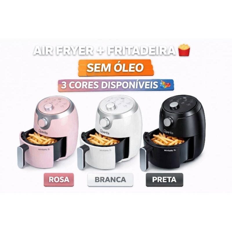 Air Fryer 2L Fritadeira Elétrica Sem Óleo 1000W Compacta 220V (Rosa, Branca, Preta)