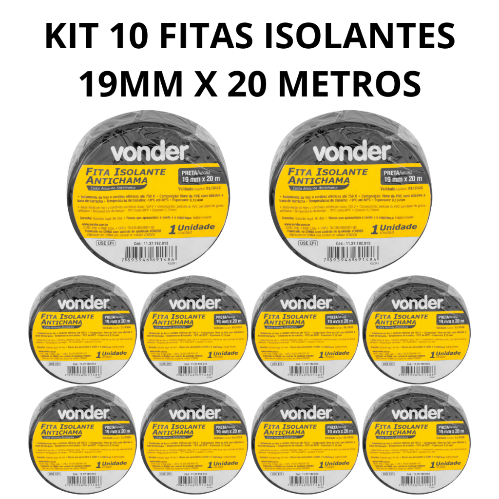 Kit 10 fita isolante Vonder 20metros antichama