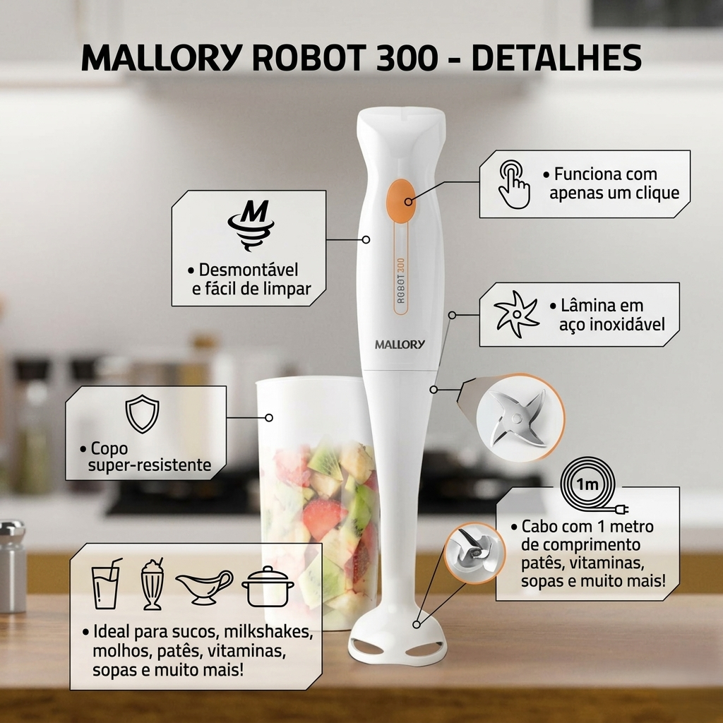 Mixer Mallory Robot 300 Branco 200W Portátil e Versátil com 2 Velocidades Lâminas Inox Copo Medidor