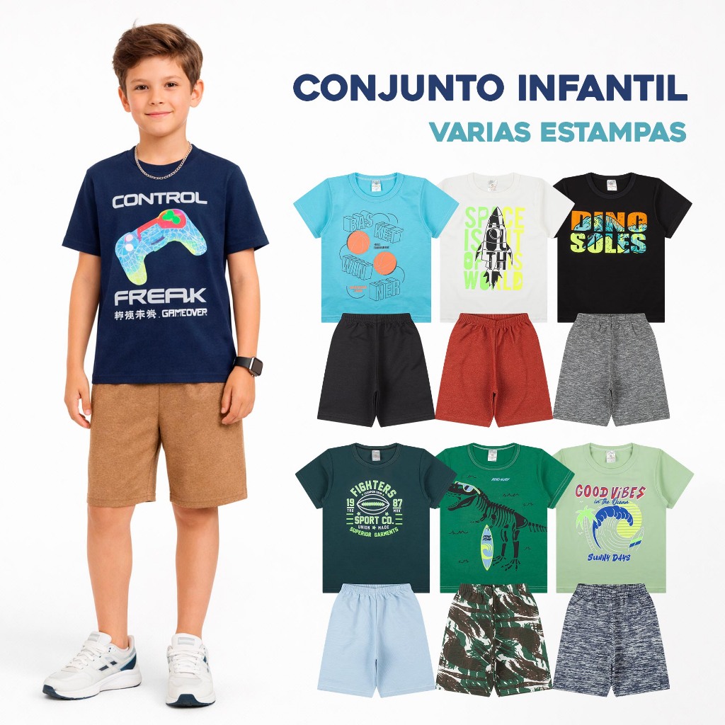 Kit 6 Peças Roupa Infantil Menino Camiseta 100% Algodão + Short de Moletinho Kit c/3 Conjuntos Verão