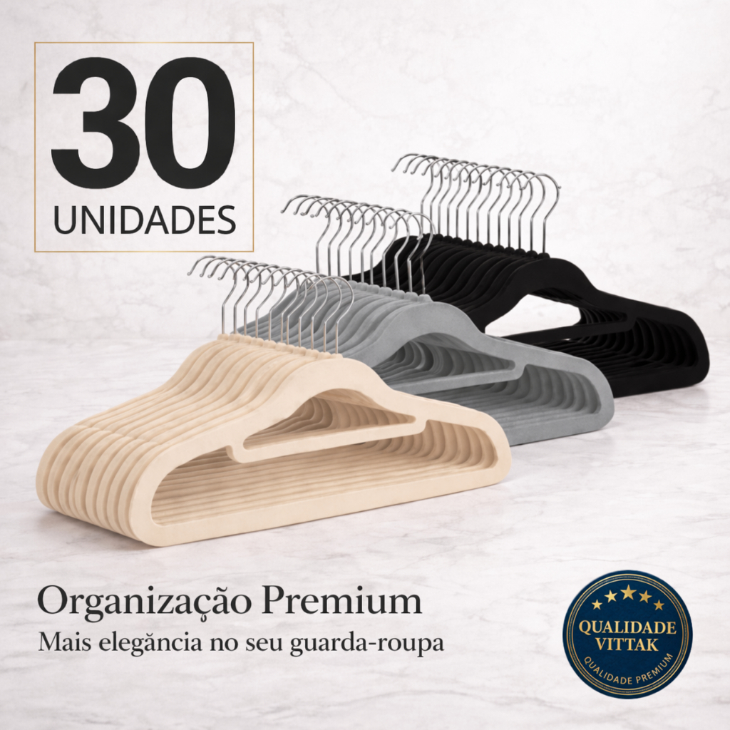 Vittak Kit 30 Cabides de Veludo Slim Adulto Antideslizante, Ultrafino, Resistente – Organizador Premium