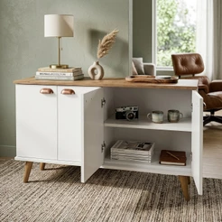 QUEIMA DE ESTOQUE - Aparador Buffet 4 Portas Cedro/Branco/Preto - AJL Móveis
