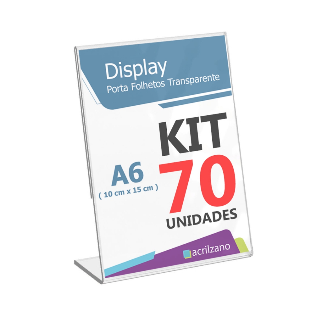 70 Unidades Porta Cartaz A6 10x15cm em Acrílico Transparente Tipo L para Divulgação em Mesa