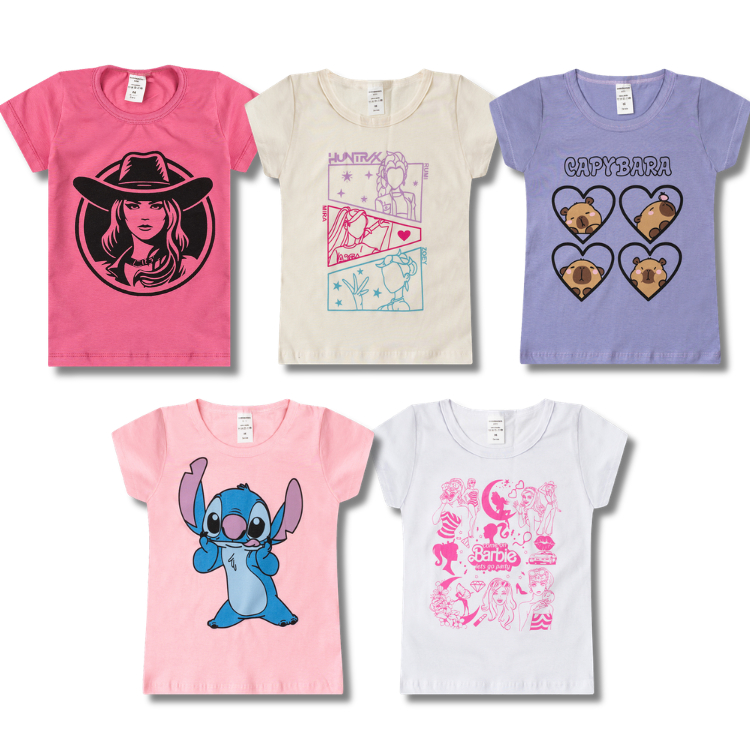 Kit Sortido 04 Blusas Femininas Estampadas do 03 ao 16 Anos Infantil Juvenil Manga Curta Menina