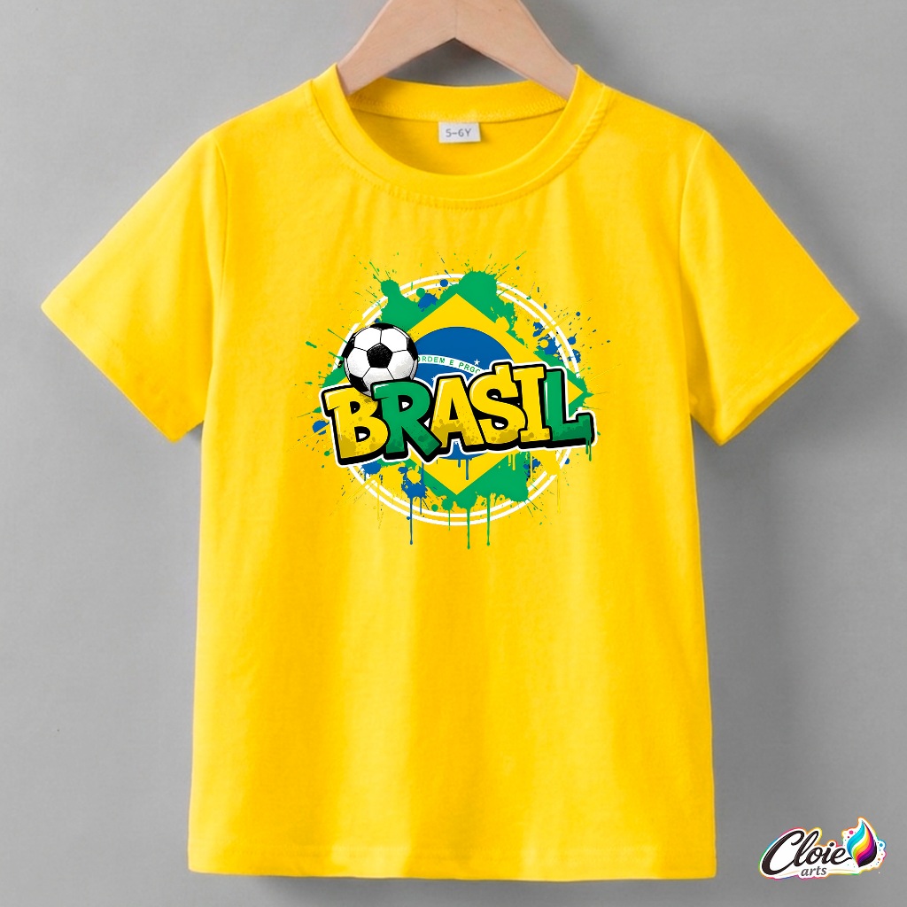 Camiseta Infantil 100% Algodão Brasil Estampa de alta qualidade Passeio Copa Cores do Futebol Bandeira Amarelo Diversão.